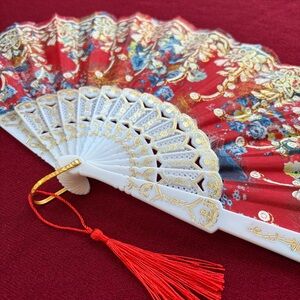 Vintage Lady’s Fan White Frame Intricate Gold Detail Red Blue Gold Floral Fabric